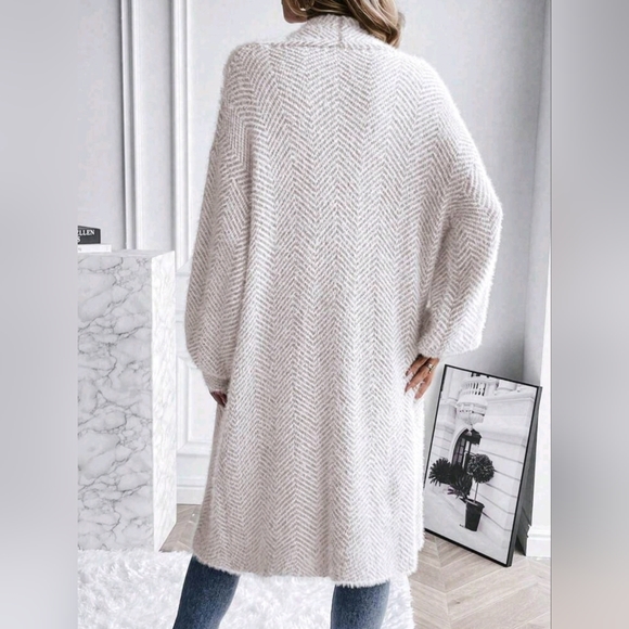 New Chic Fluffy Chevron Knit Cardigan Sweater Duster White Cream Ivory Tan - Picture 3 of 8